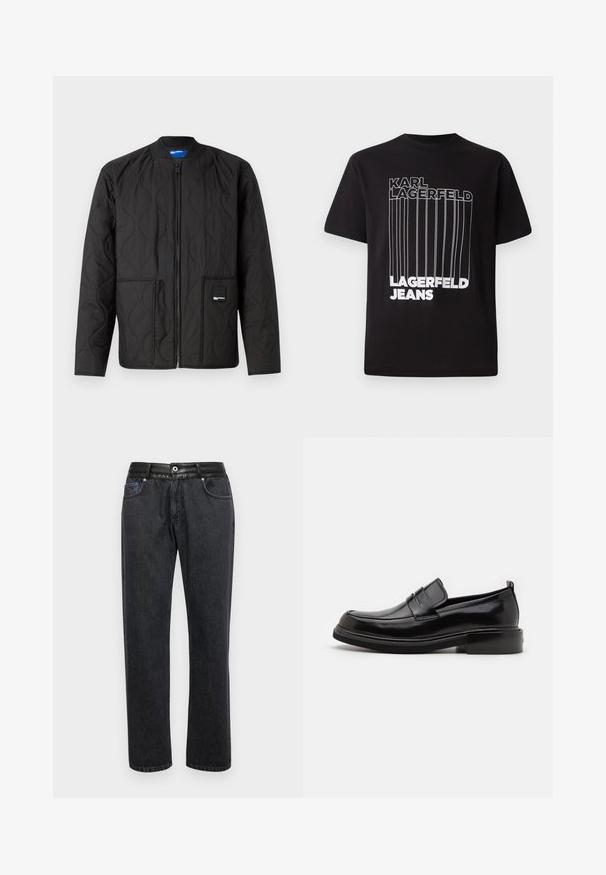 Sort quiltet jakke med lynlås, rund krave, to forlommer og et lille mærke på den nederste lomme.; Sort T-shirt lavet af bomuld, der har hvid bloktekst "KARL LAGERFELD" og "LAGERFELD JEANS" med vertikal linjedetalje; standard rund hals.; Sorte denim jeans med lige pasform, der har en glat lædertalje, forlommer og diskrete syninger.; Calvin Klein MOCCASIN - Business loafers - black