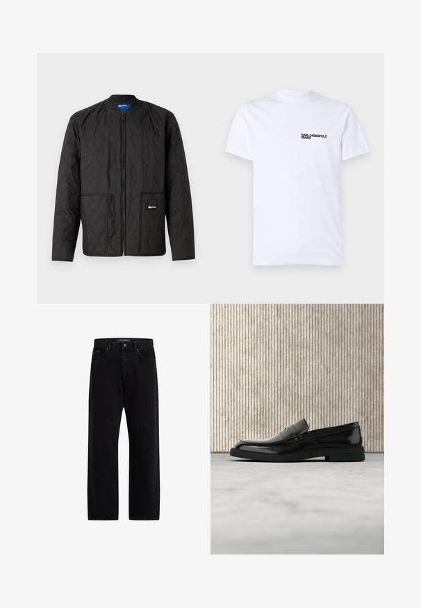 Zwarte gewatteerde jas met ritsluiting, ronde kraag, twee voorzakken en een klein merklabel op de onderste zak.; Witte katoenen t-shirt met korte mouwen, een ronde halslijn en een zwart "KARL LAGERFELD JEANS" logo op de linkerkant van de borst.; Zwarte denim broek met een losse pasvorm, voorzien van een standaard vijf-pocket ontwerp, een knoopsluiting en subtiele merkborduring.; Zwarte gepolijste leren loafer die boven een beige tapijt zweeft met oranje doorschijnend meubilair op de achtergrond.