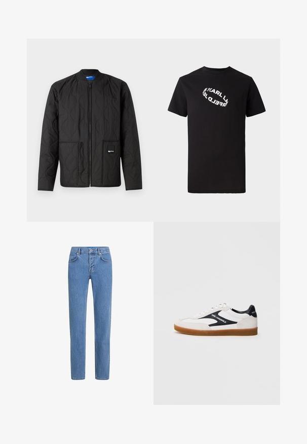 Sort quiltet jakke med lynlås, rund krave, to forlommer og et lille mærke på den nederste lomme.; Sort bomulds T-shirt med korte ærmer og rund hals. Har en hvid, forvrænget logotekst trykt på fronten.; Lysblå denim jeans med lige ben-design, fem lommer og knappelukning. Stoffet har en tekstureret overflade med subtil slid.; Hvid sneaker med sorte accenter, lavet af ruskind og læder, forstærket tåparti, gummisål, med "Karl Lagerfeld"-branding på siden.