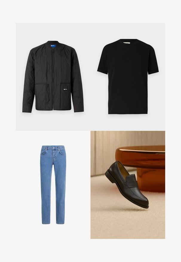 Schwarze gesteppte Jacke mit Reißverschluss, rundem Kragen, zwei Fronttaschen und einem kleinen Markenlabel an der unteren Tasche.; Schwarzes kurzärmliges T-Shirt aus Baumwolle mit Rundhalsausschnitt und lockerer Passform. Sanfte Textur, keine Muster oder sichtbaren Logos.; Helle blaue Jeans aus Denim mit geradem Bein, fünf Taschen und einem Knopfverschluss. Der Stoff hat eine strukturierte Oberfläche mit dezentem Verblassen.; Schwarzer Leder-Loafer mit niedrigem Absatz, der über einem beigen Teppichboden nahe einem runden braunen Tisch schwebt.