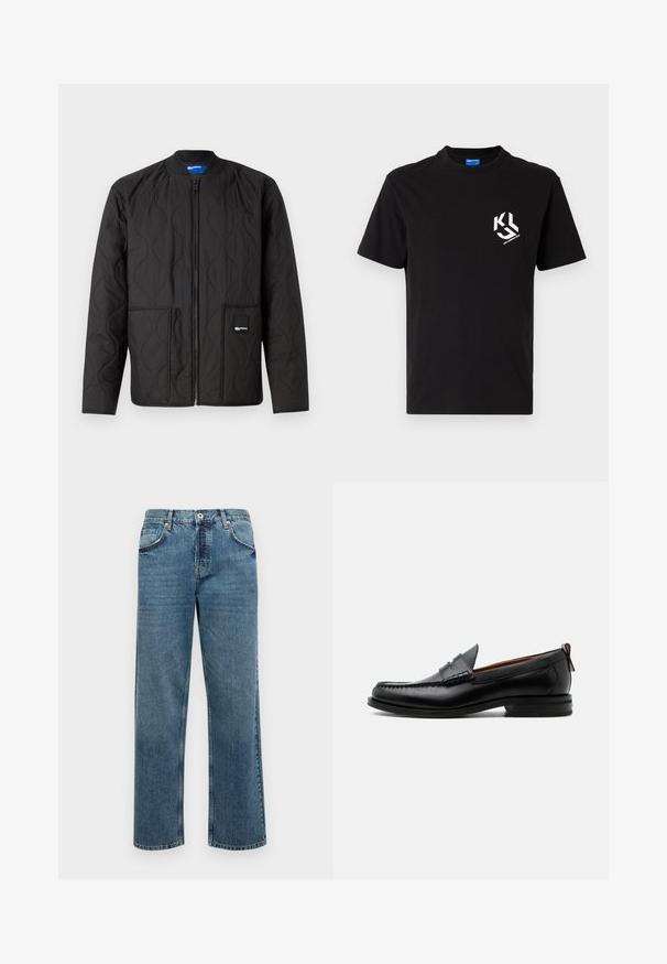 Sort quiltet jakke med lynlås, rund krave, to forlommer og et lille mærke på den nederste lomme.; Sort bomulds t-shirt med en hvid grafisk detalje på venstre brystområde. Rund hals, korte ærmer og klassisk snit.; Blå denimjeans med lige pasform, der har fem lommer, en knap- og lynlåslukning samt synlige stikninger.; Sort læder herre loafer med moc-tå syning, penny strop, struktureret krave og lav stablet hæl på hvid baggrund.