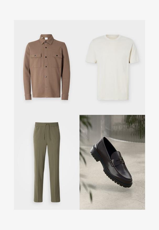 Brun knap-frontet jakke lavet af tekstureret stof. Har en krave, to brystlommer med klaffer og sorte trykknapper.; Simpel, off-white T-shirt med korte ærmer og rund hals, med diskret logo på venstre bryst, vist mod en hvid flad baggrund.; Olivengrønne, letvægtsbukser med elastisk talje og justerbar snor; lige ben design og glat tekstur.; Brune læder loafers med en tekstureret, rippet gummisål. Har et slankt design og et dekorativt bånd over vristen.