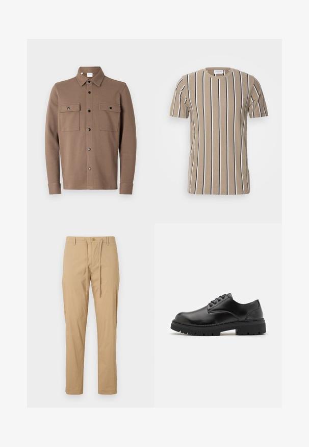 Brun knap-frontet jakke lavet af tekstureret stof. Har en krave, to brystlommer med klaffer og sorte trykknapper.; Beige bomulds t-shirt med horisontale striber i mørkebrun og hvid, rund hals og korte ærmer. Blød tekstur og afslappet design.; Lyse beige bomuldsbukser med snøre i taljen, tætsiddende pasform, standardlommer og knaplukning foran. Glat tekstur.; Sorte lædersko med rund tå, snørelukning og en tykk, struktureret gummisål. Har syninger langs kanten og en glat overflade.