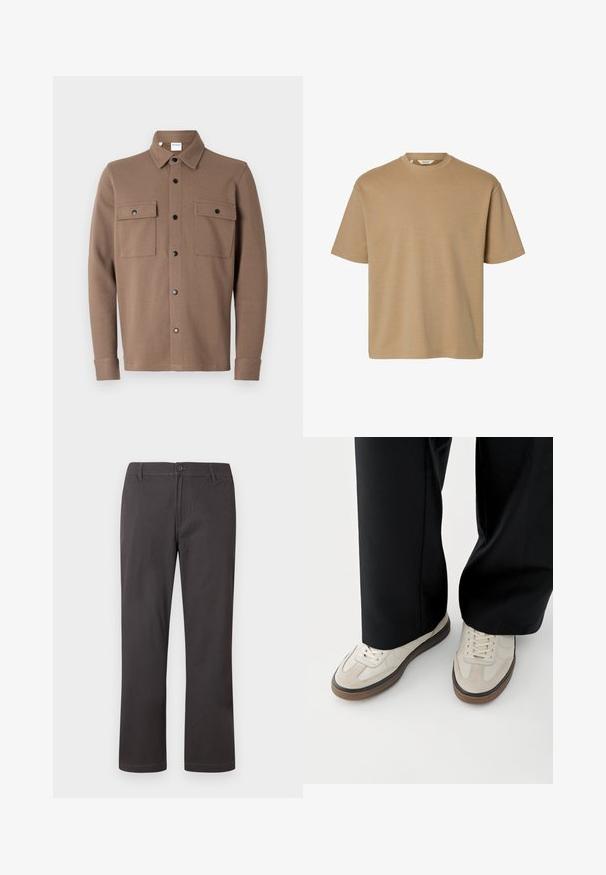 Brun knap-frontet jakke lavet af tekstureret stof. Har en krave, to brystlommer med klaffer og sorte trykknapper.; Kortærmet t-shirt med rund hals og afslappet pasform med ensfarvet design, vist på en hvid baggrund.; Mørkegrå bukser med lige ben, knappelukning, bæltestropper og diskret frontsyning på hvid baggrund.; Fødder iført beige sneakers med brune såler og sorte bukser med vide ben på hvid baggrund.