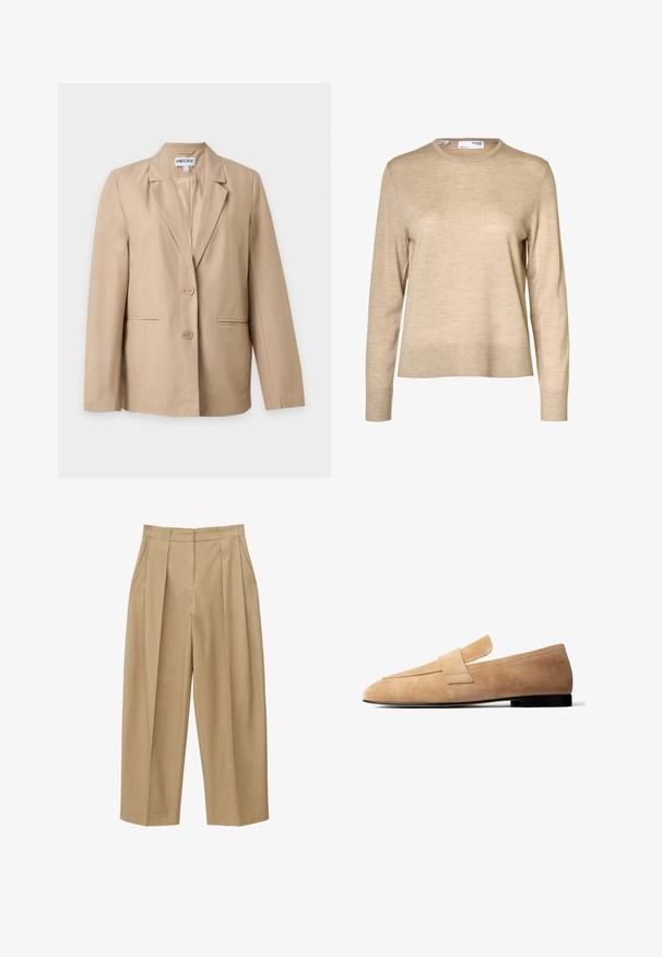 Blazer beige pour femme avec deux boutons, revers crantés et poches passepoilées à l'avant, présenté sur un fond blanc uni.; Pull en laine beige à manches longues avec col rond et poignets et ourlet côtelés, présenté sur fond blanc.; Pantalon beige taille haute à jambes larges avec plis sur le devant, poches latérales et ceinture ajustée avec passants pour ceinture.; Mocassin en daim marron clair avec un petit talon noir et une large lanière sur le dessus, présenté de profil sur fond blanc.