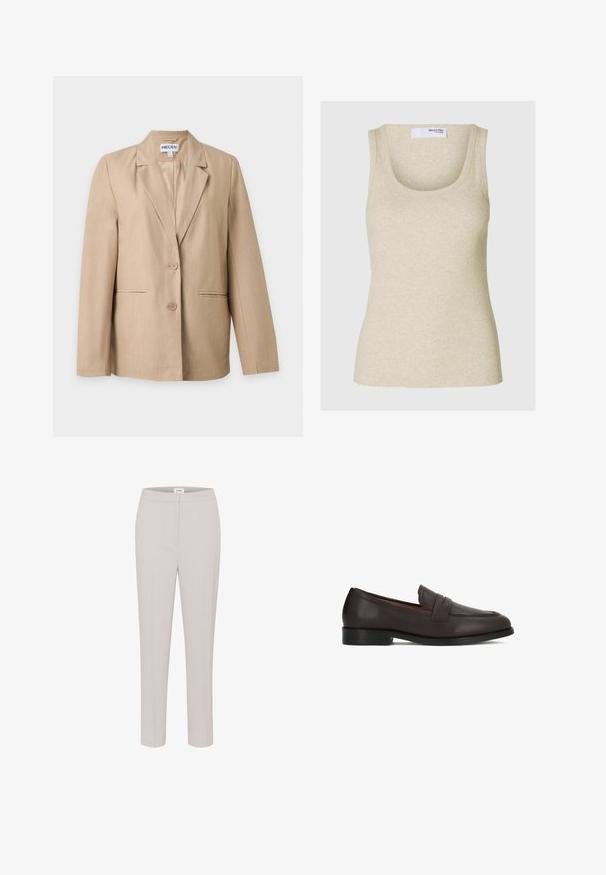 Blazer beige pour femme avec deux boutons, revers crantés et poches passepoilées à l'avant, présenté sur un fond blanc uni.; Débardeur beige à côtes avec un décolleté arrondi et des bretelles larges. Fabriqué en tissu doux, il présente une silhouette ajustée.; Pantalons ajustés gris clair avec une texture lisse, coupe slim et taille classique. Pas de poches visibles ni d'ornements.; Mocassins en cuir marron avec une finition lisse, un bout arrondi et un détail décoratif à l'avant. Semelle robuste et légère élévation du talon.