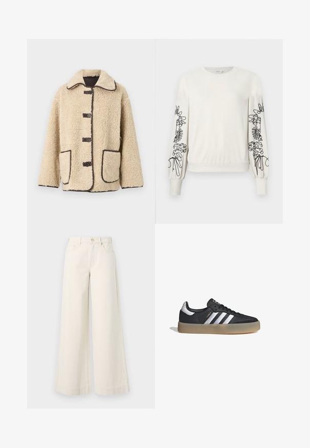 Chaqueta de forro polar beige con un cuello tipo solapa, cinco botones frontales y ribetes marrones. Presenta dos grandes bolsillos laterales.; Sudadera blanca de manga larga con bordado floral abstracto negro en las mangas y puños y dobladillo acanalados.; Pantalones de mezclilla de pierna ancha en un tono beige claro, con cintura alta, dos bolsillos frontales, cierre de botón y un sutil detalle de costura.; Zapatilla deportiva de cuero negro con tres rayas plateadas, punta texturizada y suela de goma. Cuenta con un collar acolchado y un diseño con cordones.