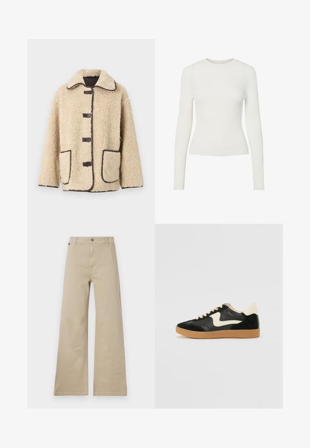 Beige Fleecepullover mit einem Kragenhals, fünf Vorderknöpfen und braunen Paspelierungen. Verfügt über zwei große Seitentaschen.; Weißes langärmliges Rippenoberteil mit Rundhalsausschnitt, figurbetontem Schnitt und glatter Textur. Minimalistisches Design, keine sichtbaren Muster oder Verzierungen.; Beige weite Hosen aus Baumwolle. Mit Knopfverschluss, Gürtelschlaufen und Seitentaschen. Glatte, robuste Textur mit klassischem Design.; Schwarze Wildleder- und Leder-Sneaker mit einem cremefarbenen Seiten-Swoosh und einer hellcremefarbenen Ferse. Ausgestattet mit beige Schnürsenkeln und einer Gummilaufsohle.