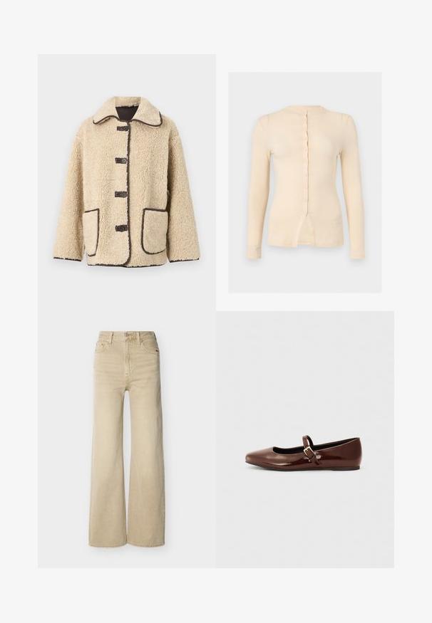 Chaqueta de forro polar beige con un cuello tipo solapa, cinco botones frontales y ribetes marrones. Presenta dos grandes bolsillos laterales.; Top ajustado de manga larga beige con escote redondo, cierre de botones en el frente y una pequeña abertura en el centro inferior.; Jeans beige de talle alto y pierna ancha con botón y cremallera frontal, bolsillos delanteros y traseros, y presillas para cinturón sobre un fondo blanco.; Bailarina de charol marrón con punta cuadrada y tira que presenta una pequeña hebilla dorada. Textura suave, tacón bajo y diseño minimalista.