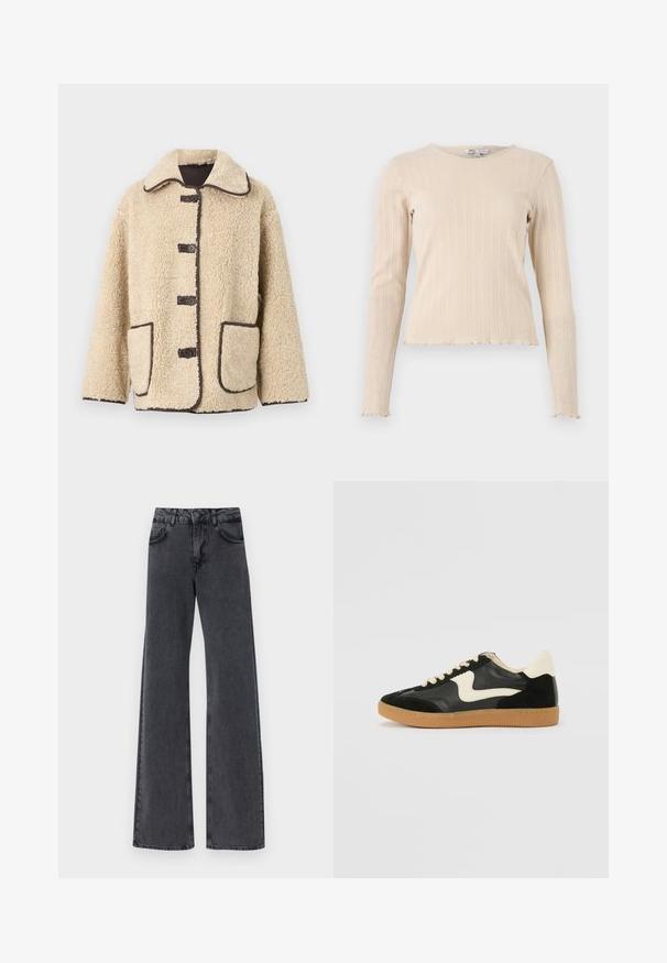 Beige fleecejakke med krave, fem knapper foran og brun piping. Har to store sidelommer.; Beige langærmet ribbet top med rund hals og bølget kant. Stoffet har et subtilt struktureret mønster gennem hele designet.; Sorte denim flared jeans med høj talje, der har to forlommer og subtile syninger langs sømmene.; Sorte ruskinds- og lædersneakers med en cremefarvet side-swoosh og lys cremefarvet hæl. Har beige snørebånd og en gummirubber-sål.