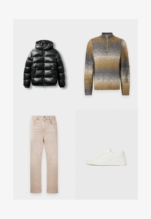 Chaqueta acolchada negra con un exterior brillante, capucha, cierre con cremallera y dos bolsillos laterales. Presenta un patrón acolchado y puños elásticos.; Suéter de punto con cremallera parcial y rayas degradadas en tonos marrón, gris y beige, con mangas largas y puños y dobladillo acanalados.; Vaqueros beige de mezclilla con corte de pierna recta, cinco bolsillos y cierre frontal de botones. Presentan un sutil desgastado y detalles de costura.; Zapatilla blanca de piel con corte bajo, cierre de cordones, lengüeta trasera texturizada y suela de goma blanca ligeramente estriada sobre un fondo claro y liso.