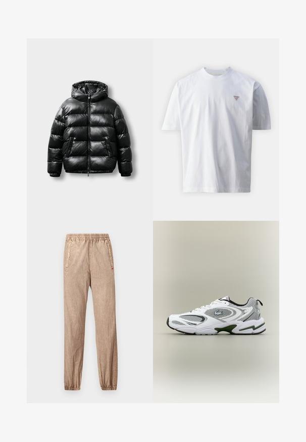 Zwarte pufferjas met een glanzend exterieur, capuchon, ritsluiting en twee zijzakken. Heeft een geborduurd patroon en elastische manchetten.; Witte katoenen t-shirt met een ronde halslijn, korte mouwen en een klein rood driehoeklogo op de linkerkant van de borst. Glad textuur.; Khaki joggerbroek gemaakt van een gestructureerde stof, met een elastische tailleband, zijzakken en elastische boorden bij de enkels.; Witte en grijze sportieve hardloopschoen met meshpanelen, groene accenten, zwarte details en een logo aan de zijkant, getoond vanaf de buitenkant.