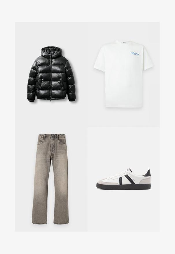 Zwarte pufferjas met een glanzend exterieur, capuchon, ritsluiting en twee zijzakken. Heeft een geborduurd patroon en elastische manchetten.; Witte T-shirt met korte mouwen met kleine blauwe tekst "replayhouse japanese dining room" op de bovenste linkerborst.; Lichtgrijze, wijde jeans van denim met een vervaagde afwerking. Voorzien van een traditionele vijf-pocket ontwerp en een riemlus tailleband.; Witte sneaker met zwarte en grijze accenten, voorzien van een grijze neus met textuur, zwarte rubberen zool en platte witte veters. Schoon ontwerp, minimalistische stijl.