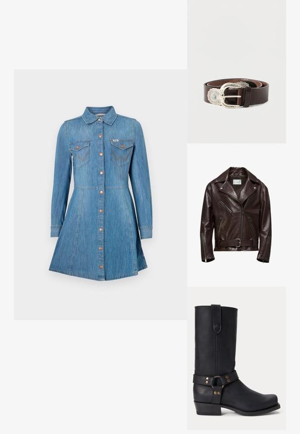 Veste de moto en cuir marron avec un design croisé, poches zippées et une taille ceinturée avec une boucle en argent.; Robe en denim bleu à manches longues, avec un devant à boutons, deux poches poitrine et une jupe évasée. Comprend des boutons en ton cuivré et des coutures contrastées.; Botte noire en cuir mi-mollet avec un petit talon, un bout rond et une sangle décorative avec des rivets métalliques et un anneau autour de la cheville.; Ceinture en cuir marron avec une large boucle décorative argentée ornée d'un accent turquoise et de détails élaborés le long du bord de la boucle.