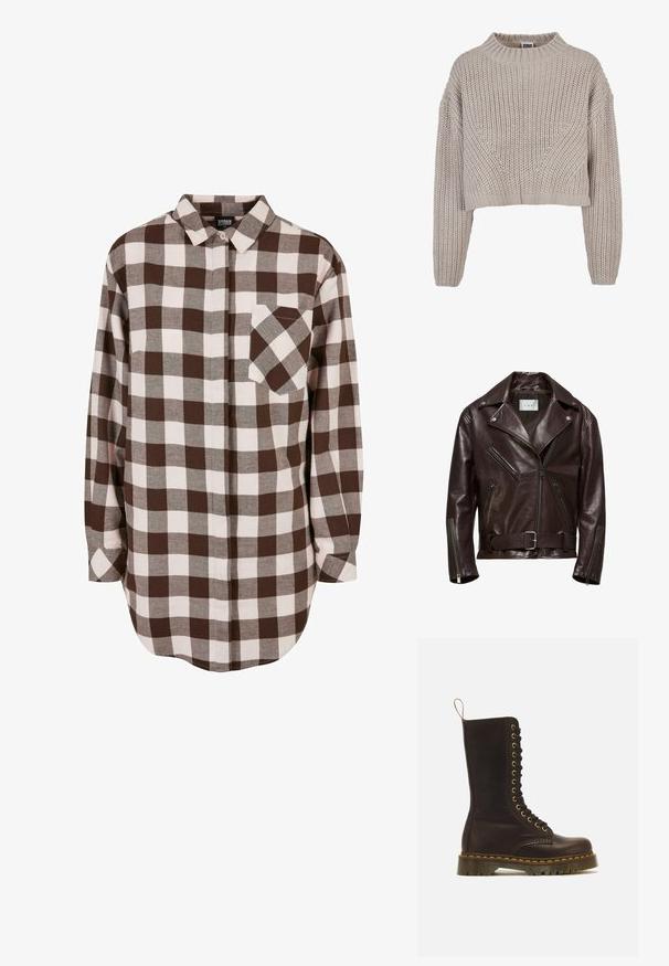 Veste de moto en cuir marron avec un design croisé, poches zippées et une taille ceinturée avec une boucle en argent.; Pull court en maille épaisse beige avec manches longues, encolure ronde côtelée et poignets côtelés.; Chemise en flanelle à carreaux marron et blanc, à manches longues, avec une fermeture à boutons à l'avant et une poche poitrine simple. Texture douce et ourlet arrondi.; Botte haute en cuir marron foncé à lacets, couture jaune, semelle épaisse rainurée et boucle de tirage à l’arrière.