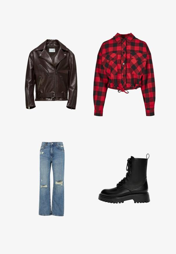 Veste de moto en cuir marron avec un design croisé, poches zippées et une taille ceinturée avec une boucle en argent.; Veste courte en tartan rouge et noir, dotée d'une fermeture à boutons, de deux poches poitrine et d'un cordon de serrage ajustable à l'ourlet. Manches longues.; Jean en denim bleu clair avec une taille haute, coupe large, déchirures effilochées au niveau des genoux et design classique à cinq poches.; Botte de cheville noire à lacets en cuir synthétique, dotée d'une semelle épaisse, d'une languette et de détails de couture prononcés.
