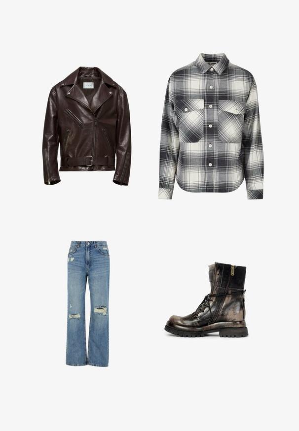 Veste de moto en cuir marron avec un design croisé, poches zippées et une taille ceinturée avec une boucle en argent.; Chemise en flanelle à carreaux noire, blanche et grise. Présente un devant à boutons, deux poches poitrine et des manches longues avec des poignets boutonnés.; Jean en denim bleu clair avec une taille haute, coupe large, déchirures effilochées au niveau des genoux et design classique à cinq poches.; Botte de combat en cuir noir et marron avec fermeture éclair latérale, lacets, semelle robuste et une sangle à boucle à l'arrière, vue du côté droit.