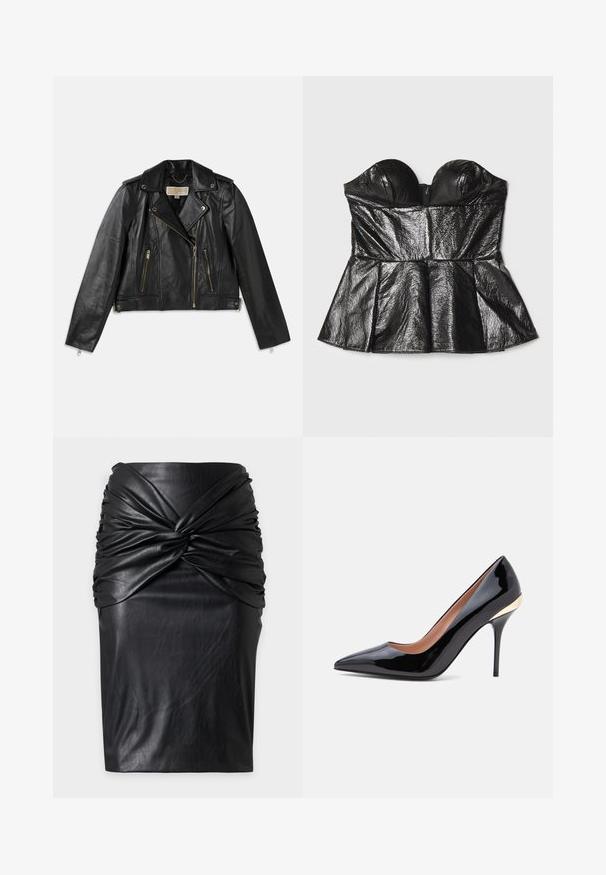 Chaqueta de motocicleta de cuero negro con un diseño ajustado, cremallera frontal asimétrica, dos bolsillos frontales y acentos de hardware en tono dorado.; Sara Battaglia SWEETHEART - Top - black; Falda lápiz negra de piel sintética con cintura alta y detalle de nudo retorcido en la parte frontal de la cintura.; Zapato de tacón alto de piel charol negra con punta en pico, tacón de aguja fino y un detalle dorado cerca de la contrafuerte del talón.