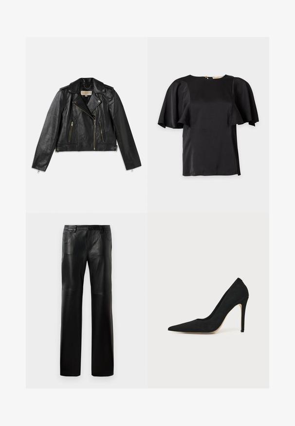 Chaqueta de motocicleta de cuero negro con un diseño ajustado, cremallera frontal asimétrica, dos bolsillos frontales y acentos de hardware en tono dorado.; Blusa de satén negra con mangas anchas y onduladas y escote redondo, mostrada plana sobre un fondo claro.; Pantalones de cuero negro con corte recto, que presentan una cintura con botón, cinco bolsillos y costuras visibles a lo largo de las costuras.; Zapato stiletto negro de tacón alto con punta afilada y textura lisa, mostrado de lado sobre un fondo claro y uniforme.