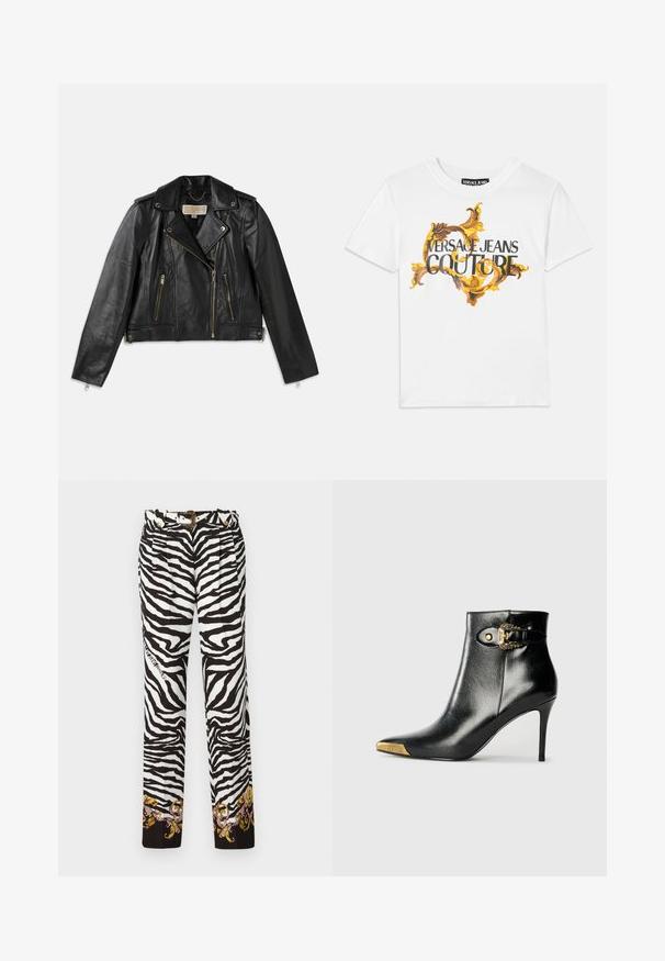 Chaqueta de motocicleta de cuero negro con un diseño ajustado, cremallera frontal asimétrica, dos bolsillos frontales y acentos de hardware en tono dorado.; Camiseta de algodón blanca con un patrón barroco en dorado y marrón, con "VERSACE JEANS COUTURE" destacado en letras negras.; Pantalones de estampado de cebra en blanco y negro, con un bordado floral decorativo en el dobladillo y un cinturón con acentos dorados y hebilla.; Botín negro hasta el tobillo fabricado en cuero brillante, con punta puntiaguda, tacón de aguja y detalles dorados con una hebilla decorativa.
