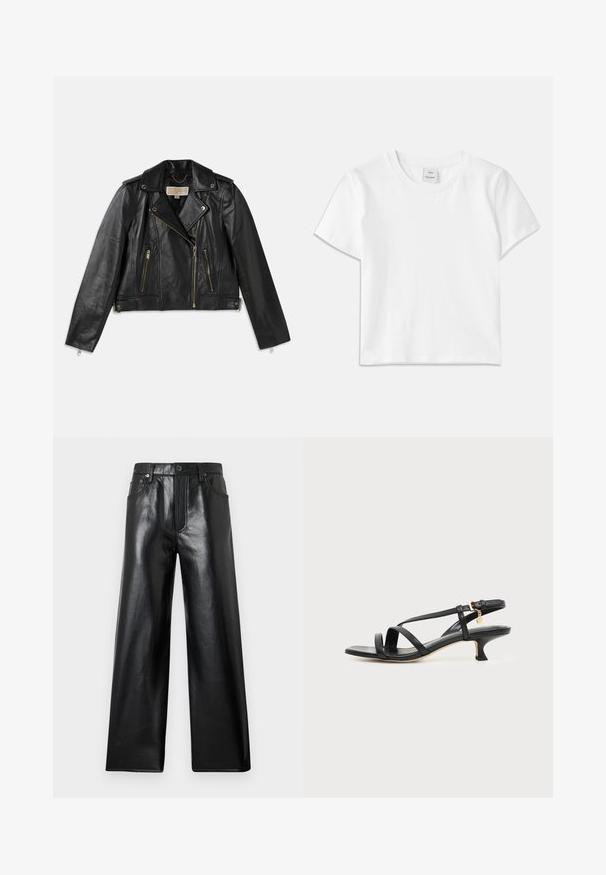 Chaqueta de motocicleta de cuero negro con un diseño ajustado, cremallera frontal asimétrica, dos bolsillos frontales y acentos de hardware en tono dorado.; Camiseta de algodón blanca con cuello redondo, mangas cortas y dobladillo recto. Etiqueta con la marca "Won Hundred" en el centro del escote.; Pantalones de cuero sintético negro de tiro alto y pierna ancha con botón frontal, cierre de cremallera y bolsillos delanteros y traseros sobre fondo gris claro.; Sandalia negra de cuero con tiras, tacón bajo de tipo kitten, hebilla en el tobillo y pequeño charm dorado sobre un fondo claro y liso.