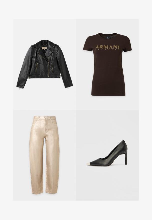 Chaqueta de motocicleta de cuero negro con un diseño ajustado, cremallera frontal asimétrica, dos bolsillos frontales y acentos de hardware en tono dorado.; Camiseta de manga corta de color marrón oscuro con texto contorneado en amarillo "ARMANI EXCHANGE" en el pecho y cuello redondo.; Pantalones de talle alto y pierna recta en tejido beige brillante con bolsillos delanteros, trabillas para cinturón y cierre frontal con botón.; Zapato de tacón alto de cuero negro con punta en forma de pico y una tapa metálica plateada. Presenta un acabado suave y un tacón delgado de 10 cm.