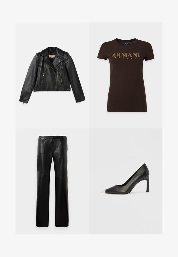 Veste de moto en cuir noir avec un design ajusté, fermeture éclair frontale asymétrique, deux poches avant et des accents en métal doré.; T-shirt marron foncé à manches courtes avec texte contour jaune "ARMANI EXCHANGE" sur la poitrine et col rond.; Pantalons en cuir noir avec une coupe droite, dotés d'une taille à boutons, de cinq poches et de coutures visibles le long des coutures.; Chaussure à talon haut en cuir noir avec bout pointu et capuchon argenté métallique. Présente une finition lisse et un talon fin de 10 cm.