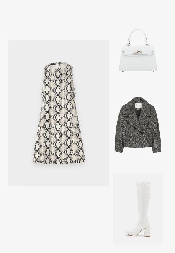 Manteau cropped en noir et blanc à motif en chevrons, avec un large col, fermeture à un bouton et deux poches latérales. Texture de tissu lisse.; Une robe sans manches avec un motif de serpent beige et noir, un col rond et une fermeture éclair dans le dos.; RAID CANNON - Bottes à plateau - white; Sac à main en cuir blanc avec un design structuré, poignée supérieure et quincaillerie argentée, présentant une fermeture à boucle et des détails de surpiqûre subtils.