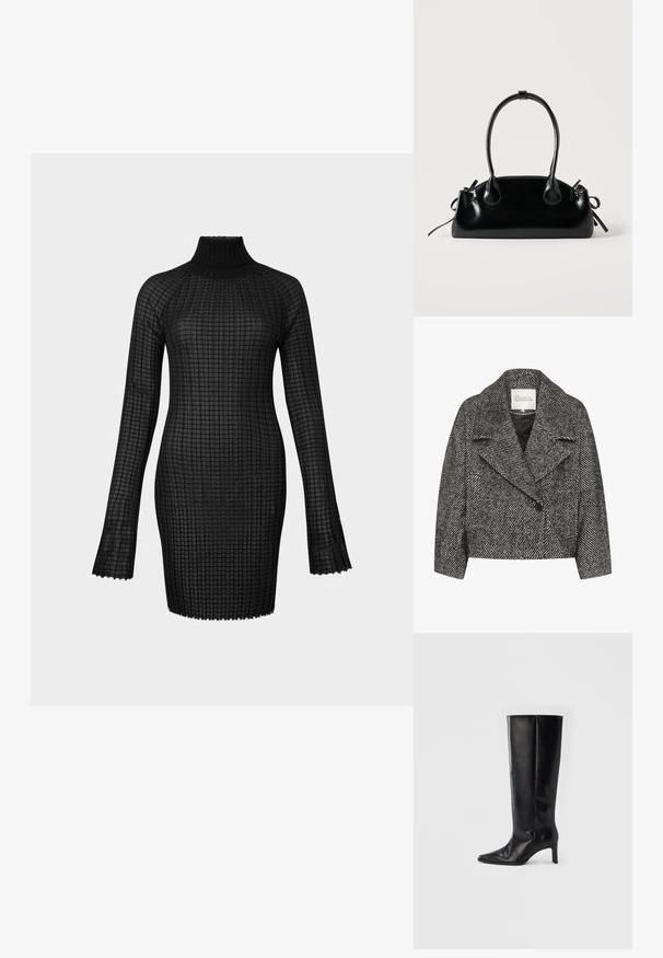 Manteau cropped en noir et blanc à motif en chevrons, avec un large col, fermeture à un bouton et deux poches latérales. Texture de tissu lisse.; Robe en tricot noir à manches longues, col roulé et motif texturé en grille. Présente des bords festonnés et une silhouette ajustée.; Bottes noires montantes en cuir lisse, avec un bout pointu et un talon fin, une tige ajustée et un design minimaliste.; Petit sac à main noir brillant avec deux longues anses et des détails à cordon sur les côtés sur un fond clair uni.