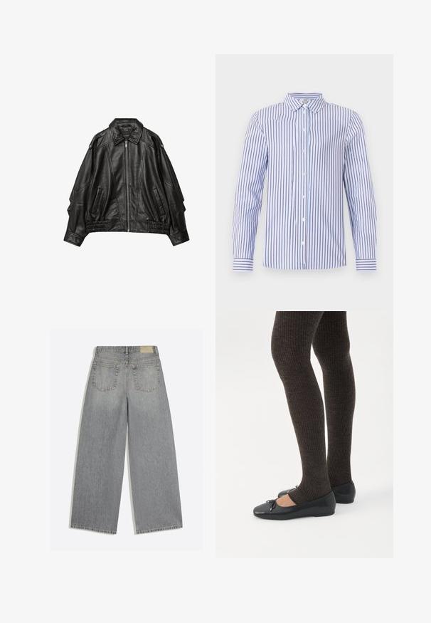 Veste en cuir noir avec fermeture éclair à l'avant, col large, et détails froncés aux poignets et à l'ourlet, avec poches latérales et épaules structurées.; Chemise bleu clair à manches longues avec des rayures verticales rouge foncé, boutonnée sur le devant et poignets rayés sur un fond uni.; Jean en denim gris à jambes larges montrant l'arrière avec deux poches et des passants de ceinture, posé à plat sur fond blanc.; Jambes portant des leggings côtelés foncés associés à des ballerines noires avec de petits détails en nœud sur fond blanc.