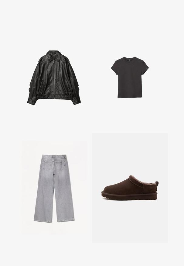 Veste en cuir noir avec fermeture éclair à l'avant, col large, et détails froncés aux poignets et à l'ourlet, avec poches latérales et épaules structurées.; T-shirt en coton gris charbon, manches courtes, col rond avec un ourlet droit, posé à plat sur un fond blanc.; Jean large gris à taille haute, avec une texture lisse, deux poches arrière et des détails de couture subtils.; Chausson marron à enfiler avec doublure en peluche douce et semelle en caoutchouc plate, conçu pour le confort et la chaleur à l'intérieur.