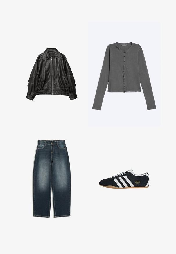 Veste en cuir noir avec fermeture éclair à l'avant, col large, et détails froncés aux poignets et à l'ourlet, avec poches latérales et épaules structurées.; Cardigan gris foncé à manches longues avec boutons, col rond et coutures visibles, posé à plat sur un fond clair.; Jean bleu foncé à jambes larges avec légère décoloration sur l’avant des cuisses, cinq poches, fermeture par bouton et passants de ceinture, présenté à plat sur fond blanc.; Sneakers en suede noir avec trois bandes blanches, logo doré et semelle en caoutchouc marron. Présente un design à lacets à profil bas.