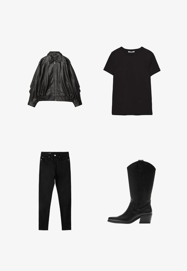 Veste en cuir noir avec fermeture éclair à l'avant, col large, et détails froncés aux poignets et à l'ourlet, avec poches latérales et épaules structurées.; T-shirt noir en coton à manches courtes avec encolure ronde, coupe standard et étiquette intérieure visible au niveau du col.; Jean skinny noir taille haute avec bouton à l'avant, fermeture éclair et design cinq poches, posé à plat sur fond blanc.; Botte western en cuir noir mi-mollet avec bout pointu et talon bloc superposé, avec languette de tirage et coutures décoratives discrètes.