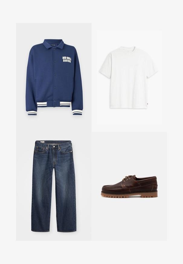 Marineblaues Sweatshirt mit einem Kragen, Druckknöpfen, Red Bull Racing-Logo und weißen gestreiften Bündchen am Saum und an den Ärmeln.; Weißes Baumwoll-T-Shirt mit kurzen Ärmeln, rundem Ausschnitt und einem dezenten "Levi's"-Logo in heller Farbe auf der Vorderseite.; Dunkelblaue Jeans aus Denim mit geradem Bein, fünf Taschen-Design, Metallknopf und Reißverschluss, sowie subtilen Auswaschungen.; Braune Lederschiffsschuh mit gestickten Details, Schnürdesign und robustem Gummisohle mit strukturierten Stollen für besseren Halt.
