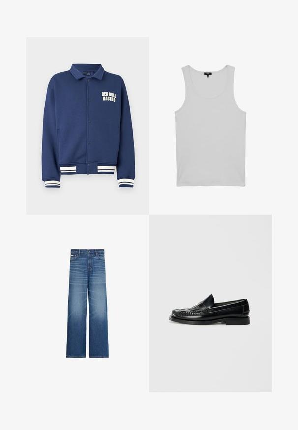 Navyblå sweatshirt med krave, trykknapper, Red Bull Racing-logo og hvide stribede manchetter ved kant og ærmer.; Grå tanktop lavet af blødt stof med rund halsudskæring og brede skulderstropper. Ingen mønstre eller yderligere detaljer.; Blå vidbenede jeans med falmet detaljering, fem lommer og knaplukning i taljen.; Hereu NOMBELA - Loafers - black