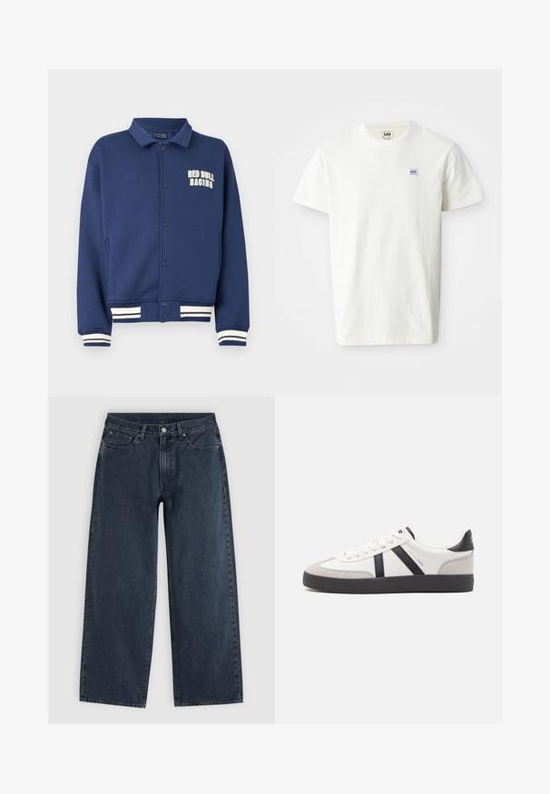 Marineblaues Sweatshirt mit einem Kragen, Druckknöpfen, Red Bull Racing-Logo und weißen gestreiften Bündchen am Saum und an den Ärmeln.; Weißes Baumwoll-T-Shirt mit Rundhalsausschnitt und kurzen Ärmeln. Auf der linken Brust befindet sich ein kleines rechteckiges Logo von Lee in lila und blau.; Dunkelblaue Jeans mit weitem Bein, fünf Taschen, Gürtelschlaufen, Knopfverschluss und Reißverschluss, flach auf hellem Hintergrund liegend.; Weiße Sneaker mit schwarz- und grau-aczenten, ausgestattet mit einer strukturierten grauen Zehenkappe, schwarzer Gummi-Sohle und flachen weißen Schnürsenkeln. Sauberes Design, minimalistische Stil.