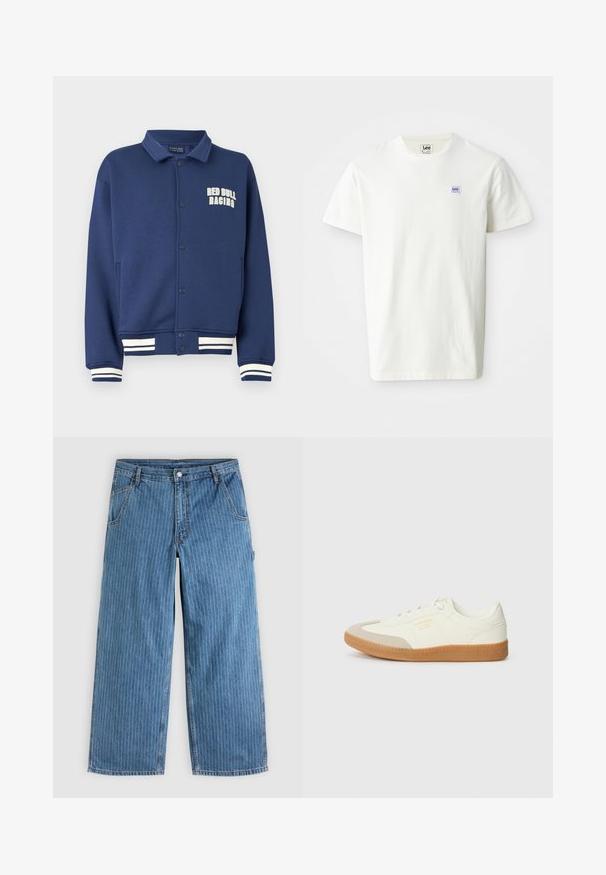 Sudadera azul marino con cuello en forma de solapa, botones a presión, logo de Red Bull Racing y puños con rayas blancas en el bajo y las mangas.; Camiseta de algodón blanca con cuello redondo y mangas cortas. Presenta un pequeño logotipo rectangular en púrpura y azul de Lee en el lado izquierdo del pecho.; Vaqueros azules de pierna ancha con delgadas rayas blancas verticales, bolsillos delanteros, trabillas para el cinturón y cierre con botón en la cintura.; Zapatilla de cuero blanca con puntera beige y suela de goma marrón claro. Presenta cordones planos blancos y una marca en relieve en el lateral.