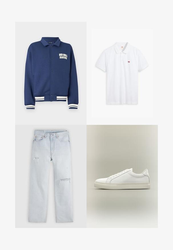 Marineblaues Sweatshirt mit einem Kragen, Druckknöpfen, Red Bull Racing-Logo und weißen gestreiften Bündchen am Saum und an den Ärmeln.; Weißes Poloshirt aus Baumwolle. Verfügt über eine Knopfleiste mit drei Knöpfen, kurze Ärmel und ein kleines rotes Levi's-Logo auf der linken Brust.; Hellblaue Jeans aus Denim mit geradem Schnitt, versehen mit Used-Details und ausgefransten Stellen. Standard-Fünf-Taschen-Design mit Metallnieten.; Weißer Sneaker mit niedrigem Schaft, vorn mit Schnürung und dicker Sohle, aus der Seitenansicht vor neutralem Hintergrund.