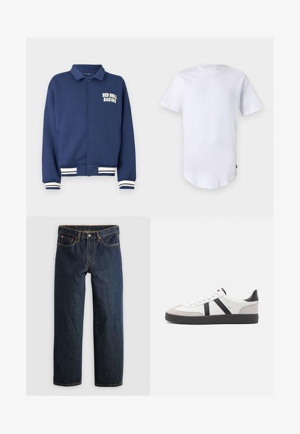 Sudadera azul marino con cuello en forma de solapa, botones a presión, logo de Red Bull Racing y puños con rayas blancas en el bajo y las mangas.; Camiseta blanca de manga corta hecha de algodón. Diseño de cuello redondo con dobladillo curvado. Etiqueta visible en el lado inferior izquierdo. Textura suave.; Vaqueros de mezclilla azul oscuro con corte recto. Presentan cinco bolsillos, costuras en contraste y cierre de botón en la cintura.; Zapatilla blanca con acentos en negro y gris, que presenta una puntera texturizada en gris, suela de goma negra y cordones planos blancos. Diseño limpio, estilo minimalista.
