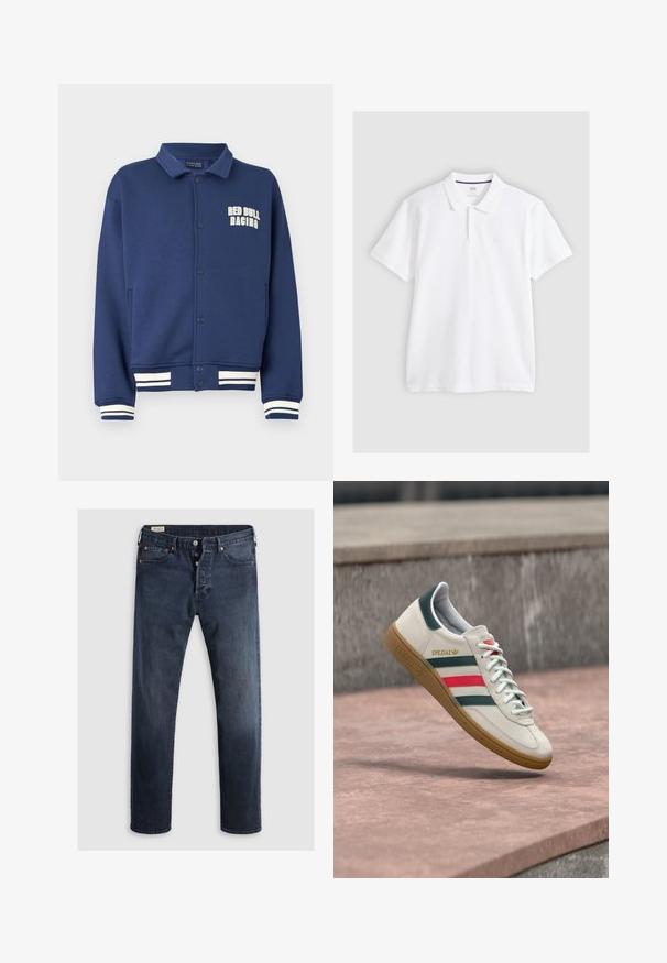Sudadera azul marino con cuello en forma de solapa, botones a presión, logo de Red Bull Racing y puños con rayas blancas en el bajo y las mangas.; Polo blanco de manga corta con cuello y tapeta de dos botones, colocado plano sobre un fondo gris claro.; Jeans de mezclilla azul oscuro con corte recto, que cuentan con cremallera, botones metálicos y acentos de remaches de cobre. Textura suave, sin patrones visibles.; Zapatilla blanca Adidas con franjas verdes y rojas, suela de goma y marca "SPEZIAL" flotando sobre pavimento de piedra.