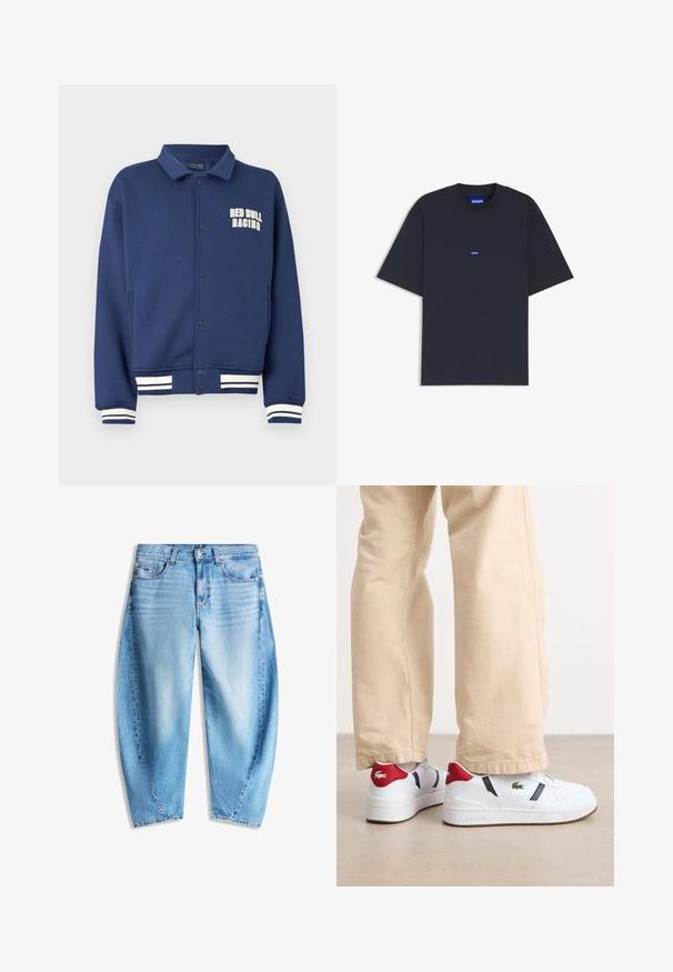 Marineblaues Sweatshirt mit einem Kragen, Druckknöpfen, Red Bull Racing-Logo und weißen gestreiften Bündchen am Saum und an den Ärmeln.; Schwarzes T-Shirt mit kurzen Ärmeln, auf der Brust mittig ein kleines blaues rechteckiges Etikett mit der Aufschrift "HUGO" und ein blaues gebrandetes Nackenetikett.; Hellblaue Jeans aus Denim mit lockerem Schnitt, fünf Taschen, Knopfverschluss und dezentem Verblassen an den vorderen Oberschenkeln.; Weiße Sneakers mit roten und marineblauen Akzenten, mit einem Lochmuster und einem grünen Logo. Strukturiertem Gummisohle und klaren Linien.