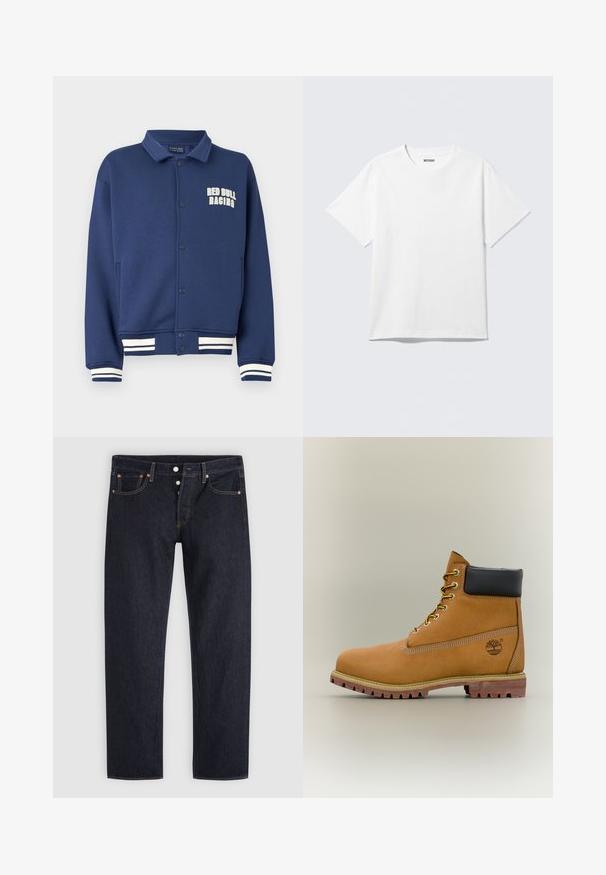 Navyblå sweatshirt med krave, trykknapper, Red Bull Racing-logo og hvide stribede manchetter ved kant og ærmer.; Hvid kortærmet crewneck T-shirt lagt fladt ud, ensfarvet design, med "WEEKDAY" mærkat inde i kraven på en lys baggrund.; Mørkeblå straight-leg jeans med knaplukning, for- og baglommer samt kobbernitter på en lysegrå baggrund.; Brun læderankelstøvle med sort krave, gule snørebånd og tanfarvet sål. Har logo og hvide syninger som detalje. Robust ydersål med greb.