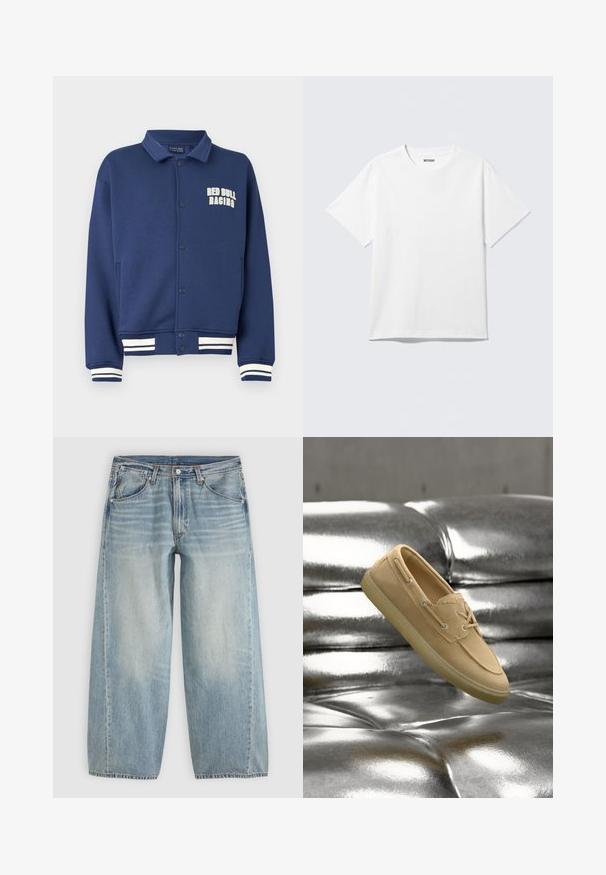 Sudadera azul marino con cuello en forma de solapa, botones a presión, logo de Red Bull Racing y puños con rayas blancas en el bajo y las mangas.; Camiseta blanca de manga corta con cuello redondo, colocada plana, diseño liso, con etiqueta "WEEKDAY" en el interior del cuello sobre un fondo claro.; Vaqueros de mezclilla azul claro de pierna ancha con bolsillos delanteros, presillas para cinturón, cierre con botones y sutil desgaste en los muslos sobre un fondo liso.; Zapato náutico de ante beige con detalles de cordones, flotando sobre una superficie de cuero plateado metálico brillante y capitoné.