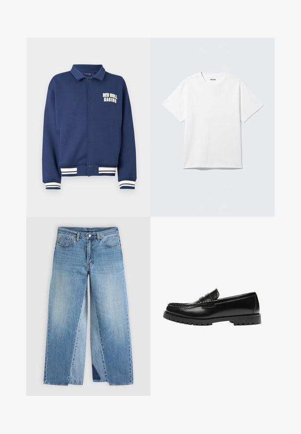 Marineblaues Sweatshirt mit einem Kragen, Druckknöpfen, Red Bull Racing-Logo und weißen gestreiften Bündchen am Saum und an den Ärmeln.; Weißes T-Shirt mit kurzen Ärmeln und Rundhalsausschnitt, flach liegend, schlichtes Design, mit „WEEKDAY“-Etikett innen im Kragen auf hellem Hintergrund.; Jeans mit geradem Bein aus blauem Denim, klassischem Fünf-Taschen-Design und vorderem Knopfverschluss, flach auf neutralem Hintergrund dargestellt.; Schwarzer Leder-Slipper mit dicker Gummisohle und klassischem Penny-Detail an der Riemen, von der Außenseite gezeigt.