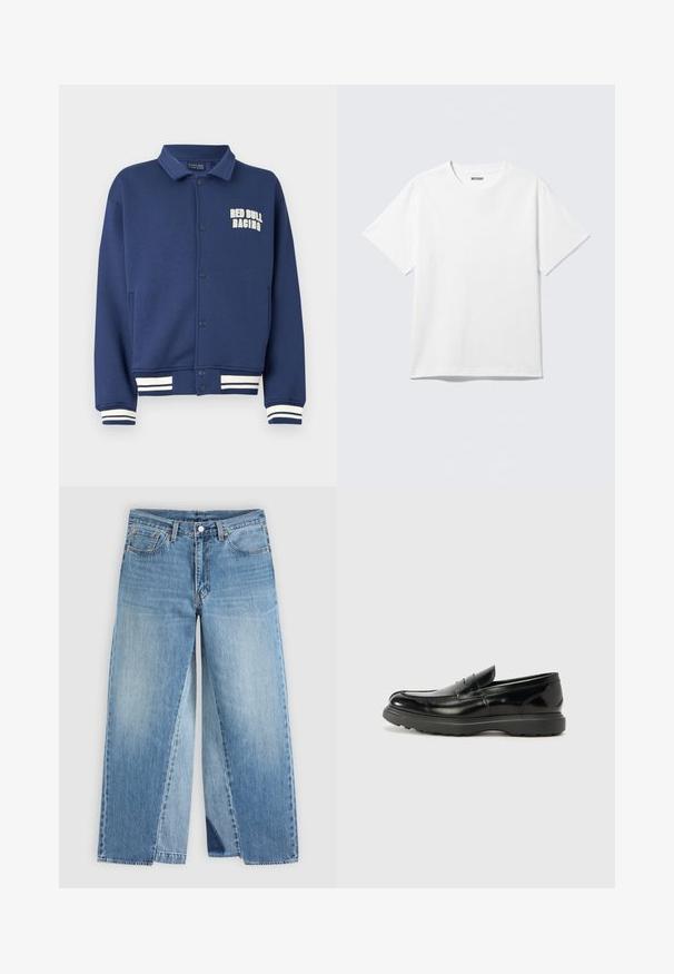 Sudadera azul marino con cuello en forma de solapa, botones a presión, logo de Red Bull Racing y puños con rayas blancas en el bajo y las mangas.; Camiseta blanca de manga corta con cuello redondo, colocada plana, diseño liso, con etiqueta "WEEKDAY" en el interior del cuello sobre un fondo claro.; Vaqueros de mezclilla azul con pierna recta, diseño clásico de cinco bolsillos y cierre frontal con botones, mostrados planos sobre un fondo neutro.; Mocasín de cuero negro con un acabado brillante, punta redondeada, detalles de costura sutiles y una suela de goma gruesa para mayor durabilidad.