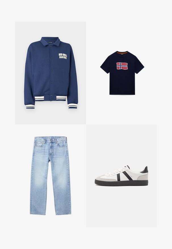 Marineblaues Sweatshirt mit einem Kragen, Druckknöpfen, Red Bull Racing-Logo und weißen gestreiften Bündchen am Saum und an den Ärmeln.; Marineblaue Kurzarm-T-Shirts mit einem abgenutzten roten, weißen und blauen Flaggenmotiv und Logo auf der Brust.; Hellblaue Jeans mit geradem Bein, vorderen Taschen, Gürtelschlaufen, Knopfverschluss und einem kleinen Calvin Klein-Label an der rechten vorderen Tasche.; Weiße Sneaker mit schwarz- und grau-aczenten, ausgestattet mit einer strukturierten grauen Zehenkappe, schwarzer Gummi-Sohle und flachen weißen Schnürsenkeln. Sauberes Design, minimalistische Stil.