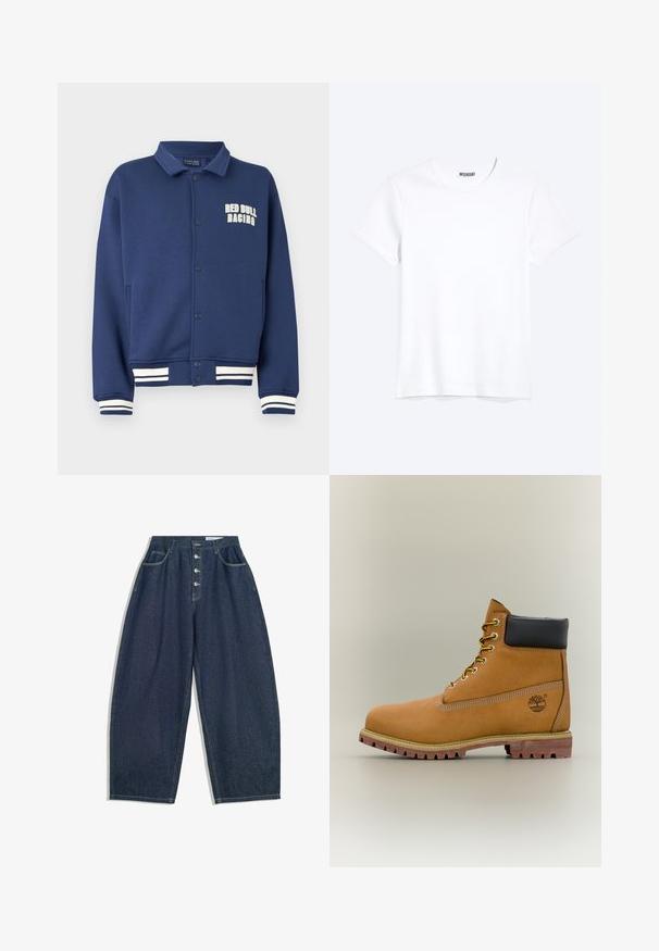 Marineblaues Sweatshirt mit einem Kragen, Druckknöpfen, Red Bull Racing-Logo und weißen gestreiften Bündchen am Saum und an den Ärmeln.; Schlichtes weißes T-Shirt mit kurzen Ärmeln und Rundhalsausschnitt mit gut sichtbarem WEEKDAY-Label am Kragen, dargestellt auf hellem Hintergrund.; Dunkelblaue Denim-Hose mit weiter Beinform und hoher Taille, fünfknöpfigem Verschluss und fünf Taschen. Mit Steppnähten an den Nähten.; Brauner Leder-Stiefelette mit schwarzem Kragen, gelben Schnürsenkeln und hellbrauner Sohle. Verfügt über ein Logo und weiße Ziernähe. Robuste Profilsohle.