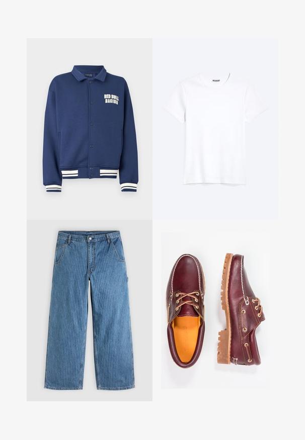 Marineblaues Sweatshirt mit einem Kragen, Druckknöpfen, Red Bull Racing-Logo und weißen gestreiften Bündchen am Saum und an den Ärmeln.; Schlichtes weißes T-Shirt mit kurzen Ärmeln und Rundhalsausschnitt mit gut sichtbarem WEEKDAY-Label am Kragen, dargestellt auf hellem Hintergrund.; Blaue Jeans mit weitem Bein und dünnen weißen vertikalen Nadelstreifen, Vordertaschen, Gürtelschlaufen und einem Knopfverschluss in der Taille.; Bordeauxfarbene Lederschuhe mit braunen Gummisohlen, runder Zehenform, weißen Nähten und goldenen Ösen. Das Innenfutter weist eine gelbe Beschichtung auf.
