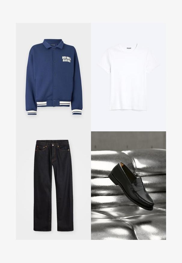 Sudadera azul marino con cuello en forma de solapa, botones a presión, logo de Red Bull Racing y puños con rayas blancas en el bajo y las mangas.; Camiseta blanca lisa de cuello redondo y manga corta con una etiqueta visible de la marca WEEKDAY en el cuello, mostrada sobre un fondo claro.; Jeans de mezclilla negros de pierna recta para hombre, con cinco bolsillos y costuras en color naranja, cierre de botón y cremallera en la parte delantera de la cintura.; Zapato mocasín de cuero negro flotando sobre un sofá plateado brillante con tapizado capitoné de cuero en un ambiente minimalista.