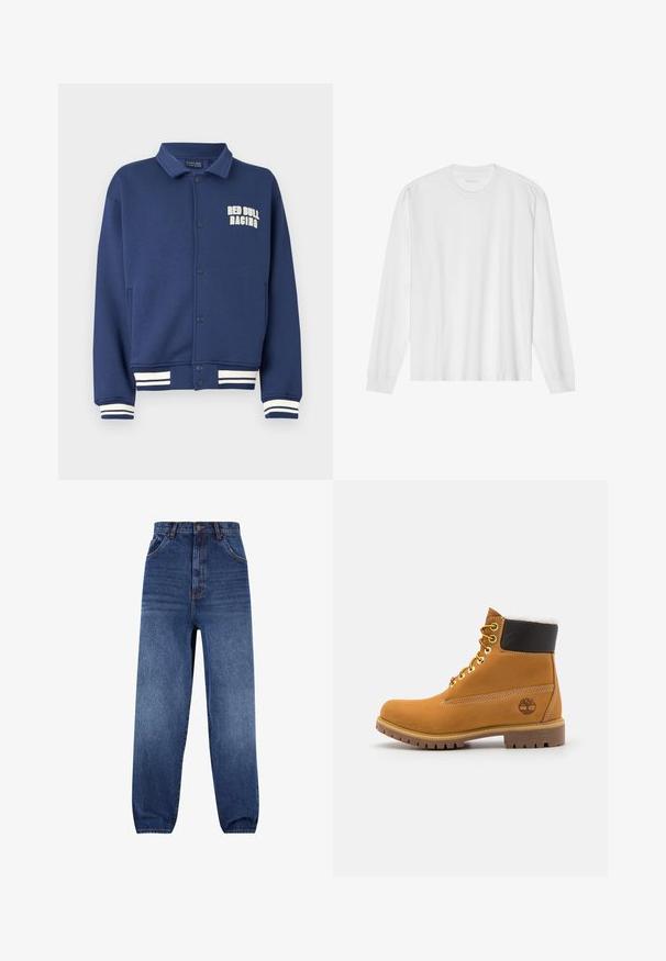 Sudadera azul marino con cuello en forma de solapa, botones a presión, logo de Red Bull Racing y puños con rayas blancas en el bajo y las mangas.; Camiseta blanca de algodón de manga larga con cuello redondo, con puños acanalados y dobladillo recto, textura suave y diseño minimalista.; Jeans de mezclilla en azul oscuro. Diseño de alta cintura con corte relajado. Presenta bolsillos frontales y un sutil efecto de desgaste en las piernas.; Botín de cuero marrón con ojales de metal, forro de piel sintética blanca, cuello acolchado negro, suela resistente y logotipo en relieve en el costado.